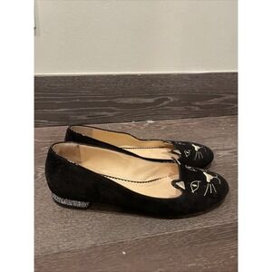 Charlotte Olympia Kitty Flats Women Black Velvet Size 40.5